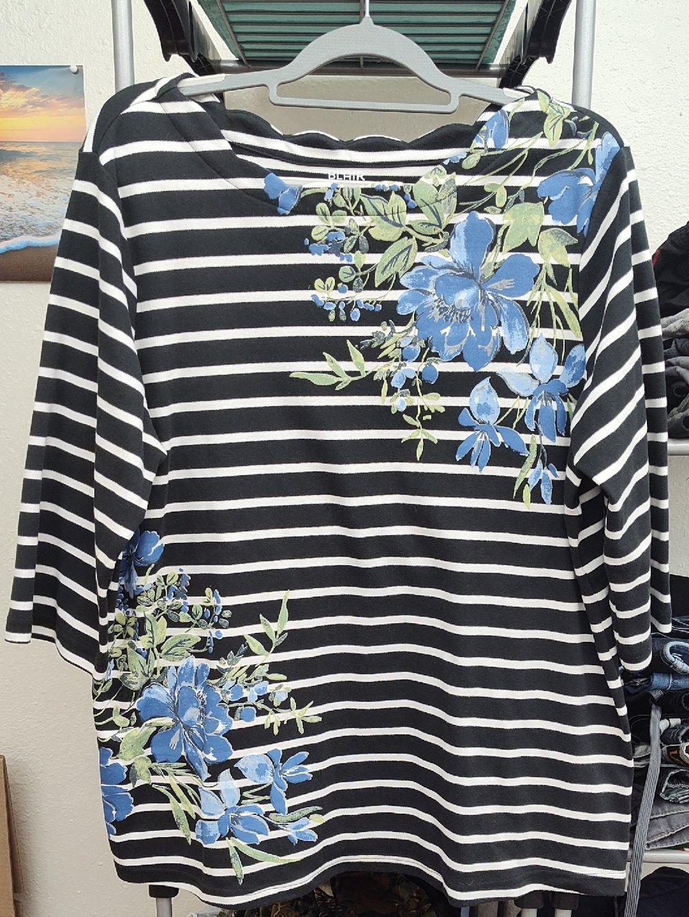 Blair Black & White Striped Tunic with Blue Floral Accents